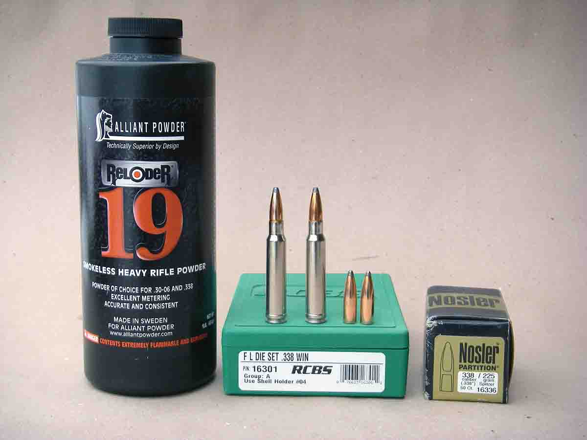 Alliant Reloder 19 powder is a top choice for handloading the .338 Winchester Magnum stoked with Nosler 225-grain Partition bullets.